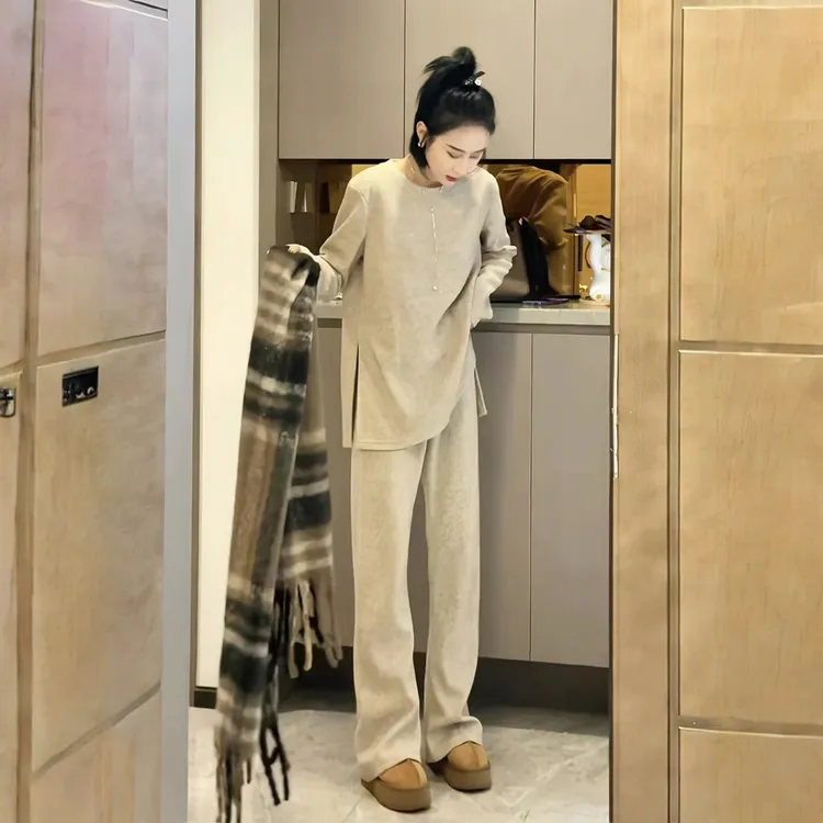 2025秋季开叉圆领款纯色卫衣套装休闲宽松款慵懒风上衣长裤两件套