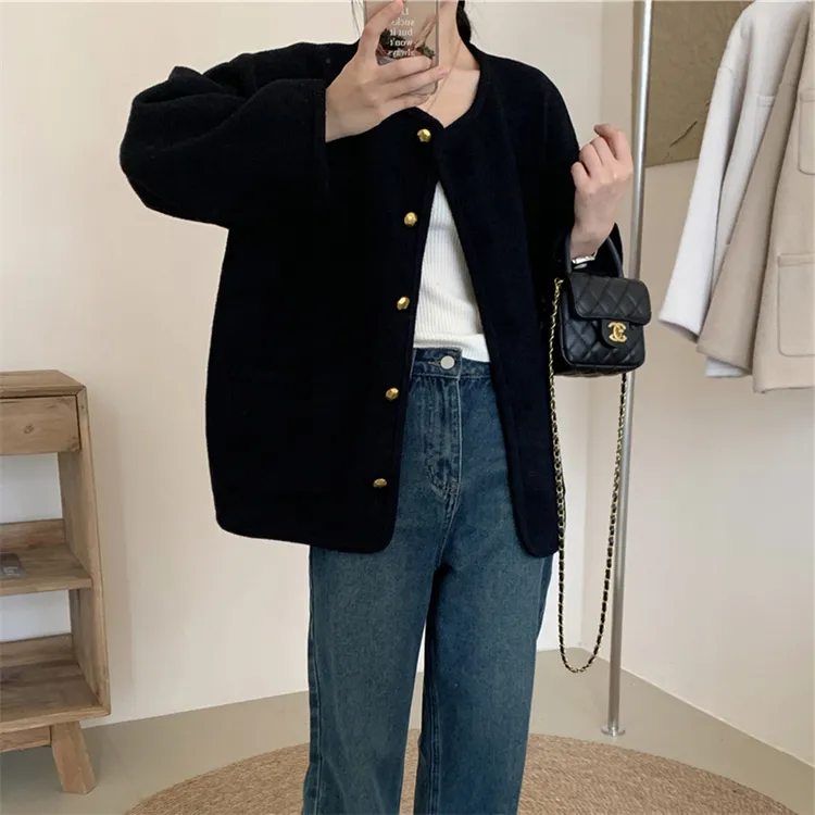 气质小香风针织开衫外穿女装秋冬新款宽松慵懒圆领纯色上衣外套女