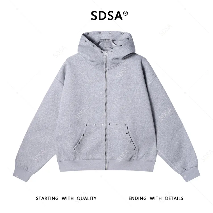SDSA男士秋冬新款痞帅男装简约纯色铆钉开衫立领拉链连帽卫衣百搭