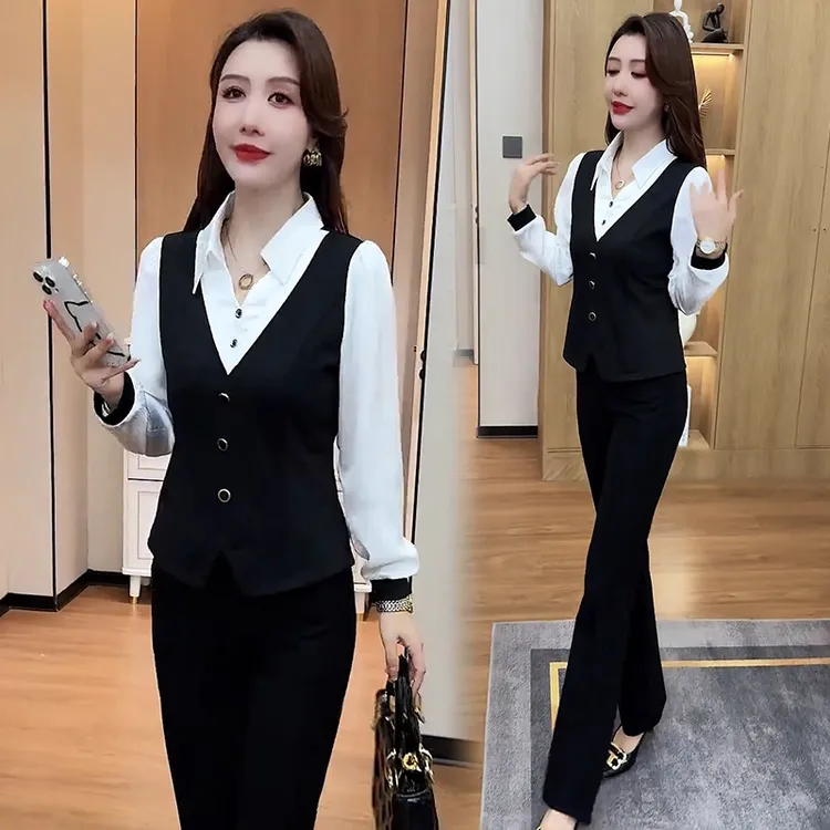 时尚套装女2025秋季新款洋气显瘦假两件衬衣高腰微喇裤减龄两件套