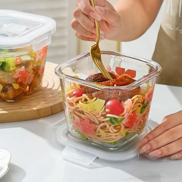玻璃汤碗饭盒微波炉加热专用带盖水果便当盒方圆形密封樱花保鲜盒