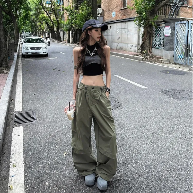 假两件皮革拼接针织背心女半高领露肩短上衣夏季美式阔腿工装裤