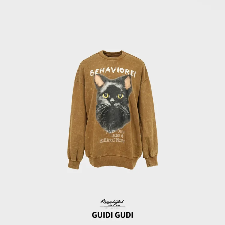 GUIDI GUDI【猫星人】时尚慵懒宽松休闲长袖T恤/黄加蓝 