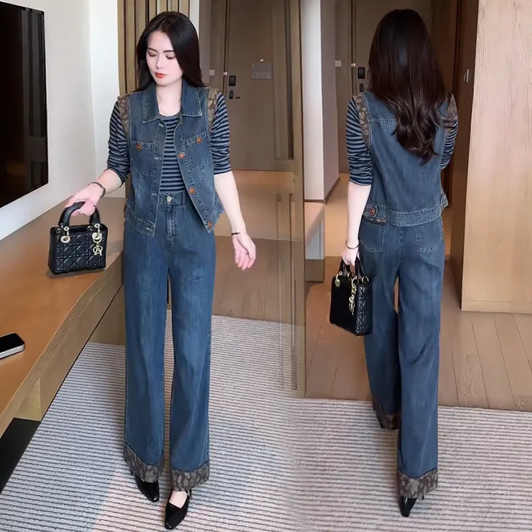 时尚套装女2025秋季新款洋气显瘦减龄牛仔马甲阔腿裤休闲两件套潮