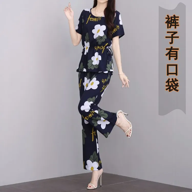 单/套装夏季棉绸套装女民族风外穿时尚印花布人造棉九分裤两件套