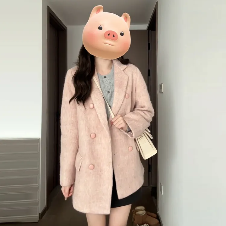 粉色西装毛呢外套秋冬韩系小个子香风呢子大衣7484