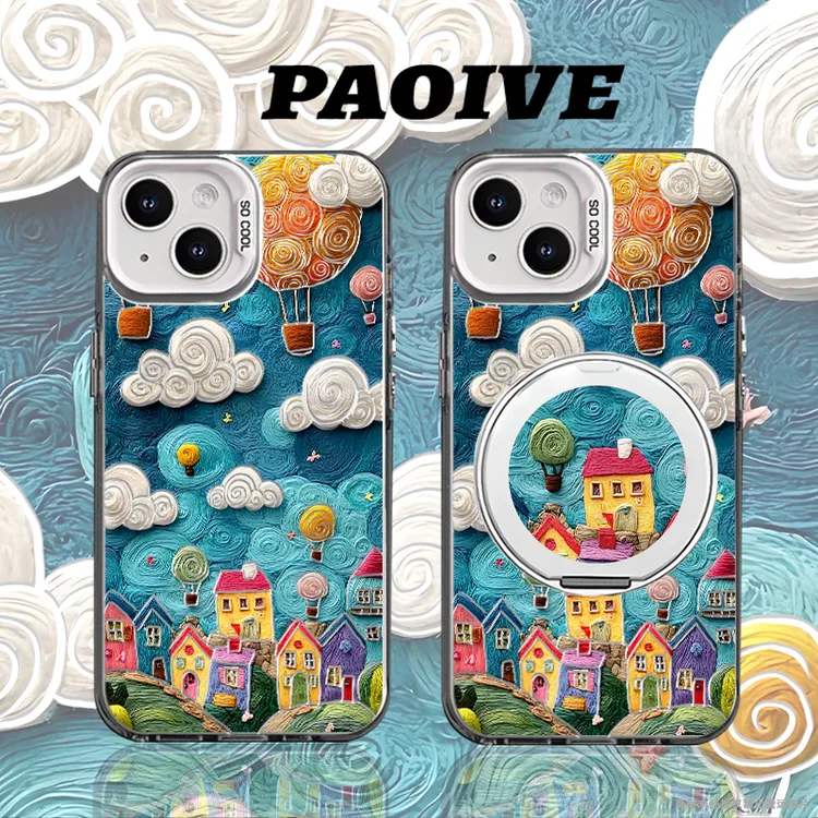 适用苹果华为vivo一加iPhone14小米三星手绘小镇防摔彩银手机壳