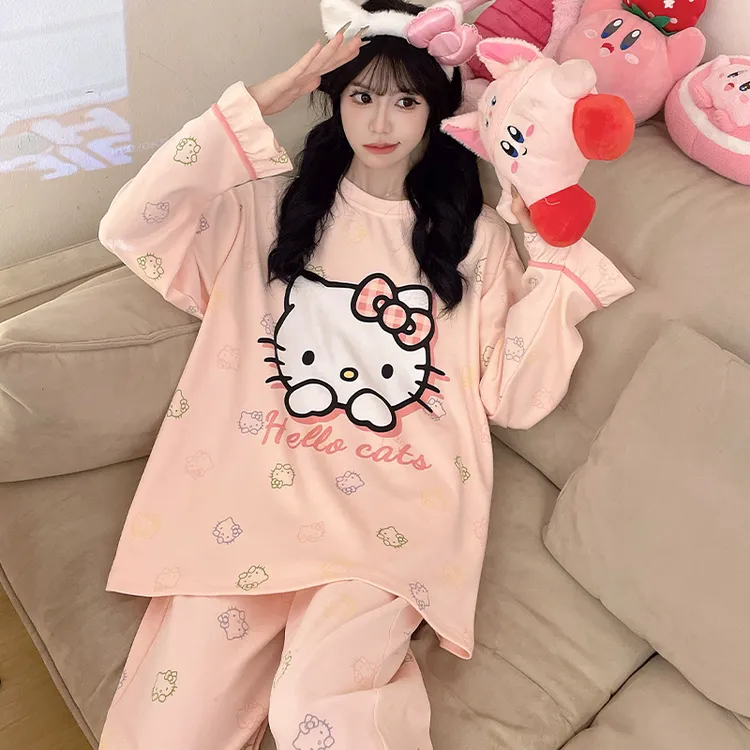 纯棉睡衣女长袖薄款春秋季卡通可爱加大码学生甜美秋款家居服套装