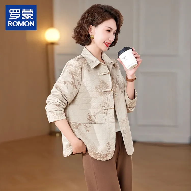 罗蒙名牌妈妈装秋装翻领印花上衣新款中老年女装秋季国风显瘦外套