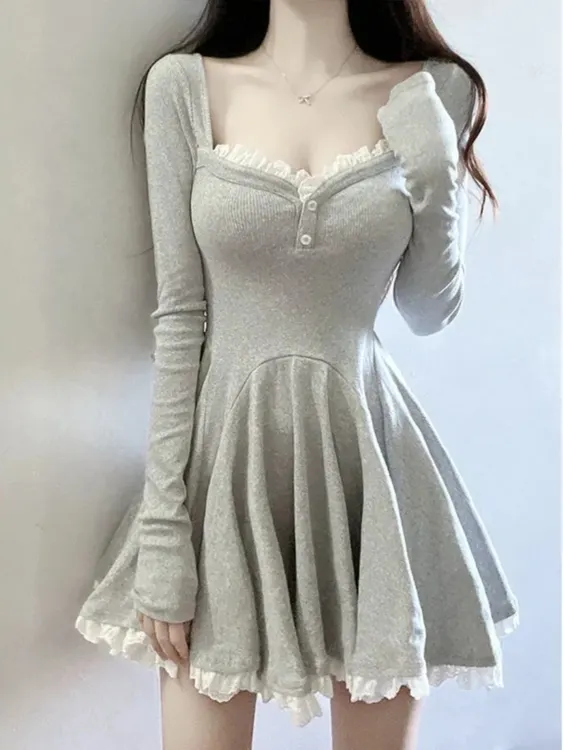 胖mm纯欲方领花边性感长袖连衣裙女装2025秋季大码辣妹锁骨短裙子