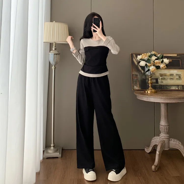 休闲运动套装女秋季高级小众显瘦气质拼接上衣高腰阔腿裤两件套潮