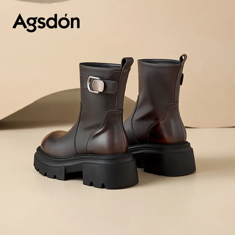 m奥古狮登厚底棕色短靴女2025新款英伦风靴子增高马丁靴百搭款xx