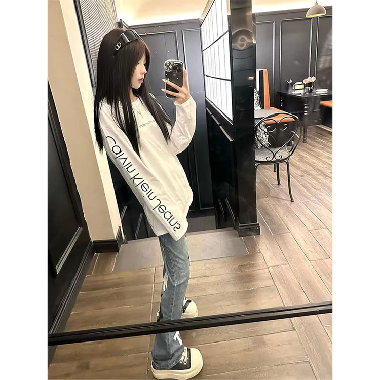 美式潮牌中长款白色长袖打底衫女内搭纯棉t恤秋季宽松情侣装上衣