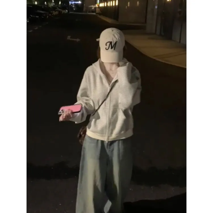 爆款流光风条纹拉链秋冬外套设计感连帽加绒加厚卫衣女宽松显瘦潮
