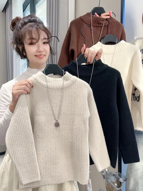 不起球半高领加绒加厚针织衫洋气百搭时尚套头冬季毛衣