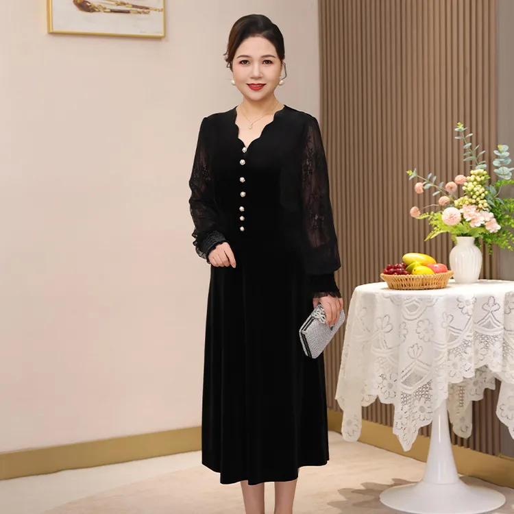 胖妈妈秋季连衣裙洋气金丝绒蕾丝拼接提花袖中年女士高档气质裙子