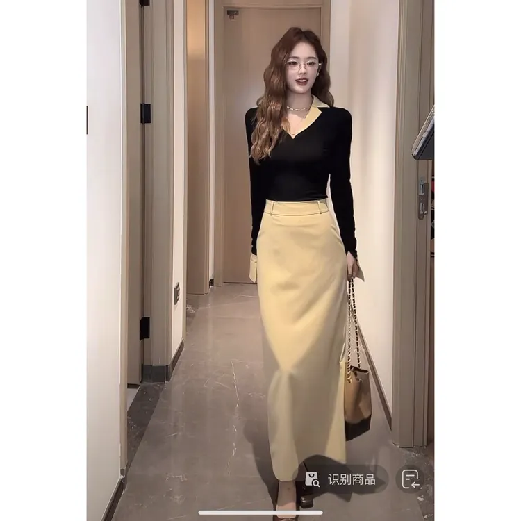 韩系氛围感秋季穿搭上复古套头针织衫女~半身长裙琥珀系套装Y5310
