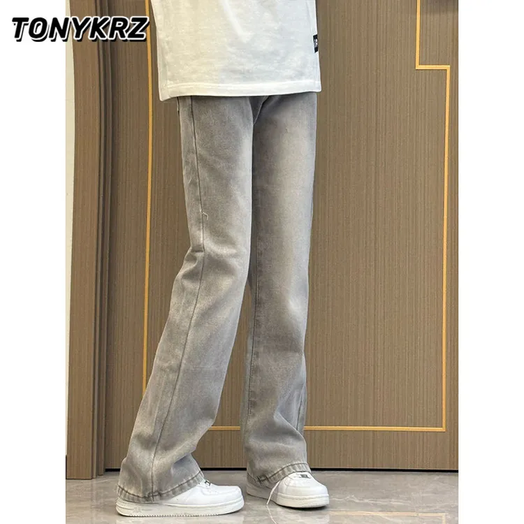 TONYKRZ微喇牛仔裤男新款青少年高街裤子水洗窄版修饰直筒长裤ins