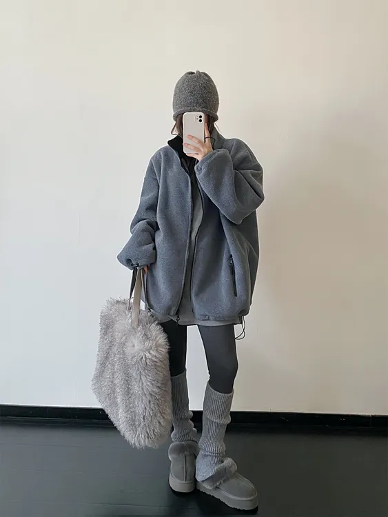 胖mm大码冬韩版复古立领新款加绒加厚外套灰色休闲卫衣冬季穿搭