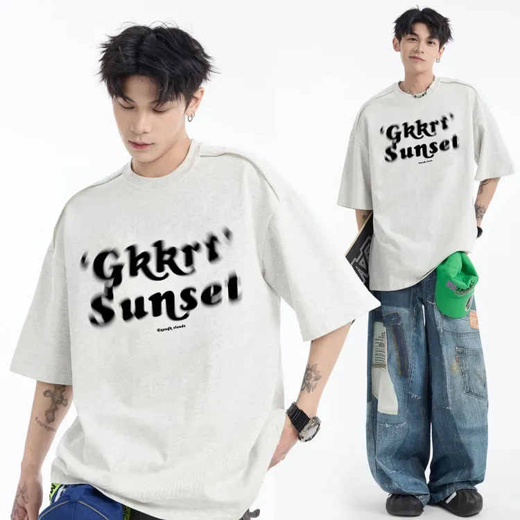 夏季模糊印花重磅320g短袖T恤男拉链设计五分袖上衣潮牌宽松体恤