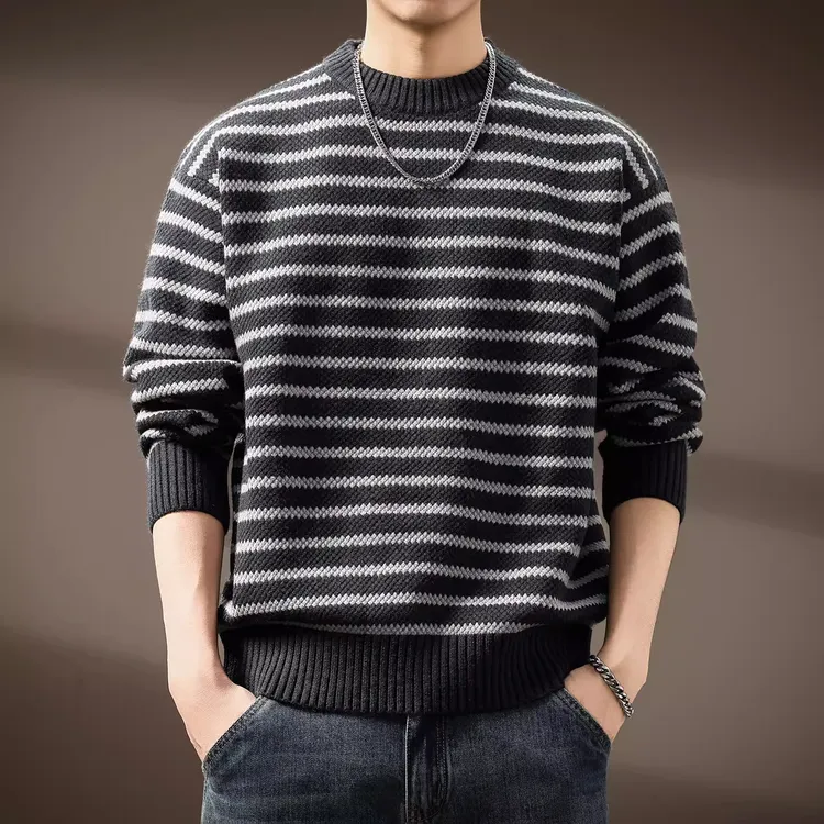 美式730g重磅条纹圆领毛衣男士秋冬新款宽松套头百搭休闲针织衫男