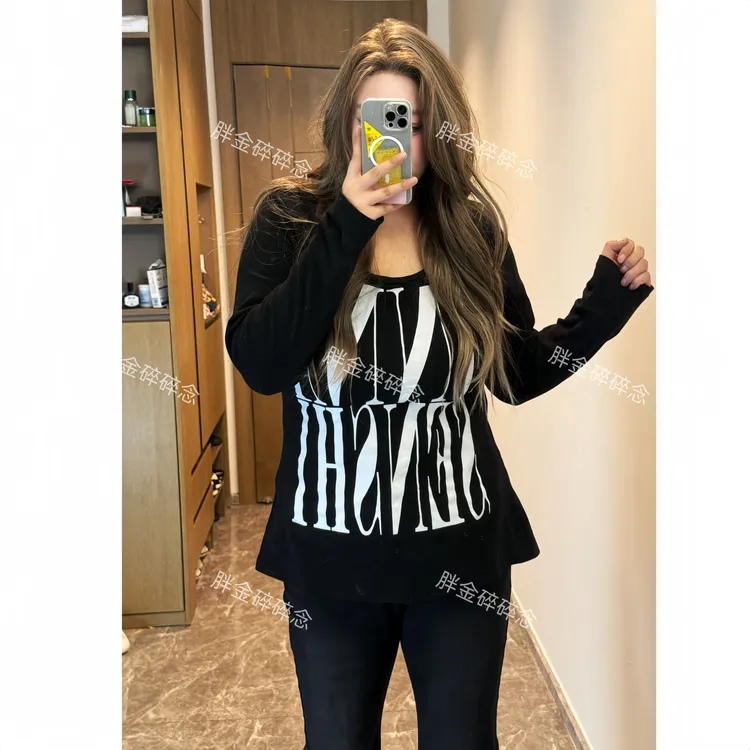 胖mm大码女装纯欲风甜酷辣妹长袖T恤女修身显瘦百搭字母印花上衣