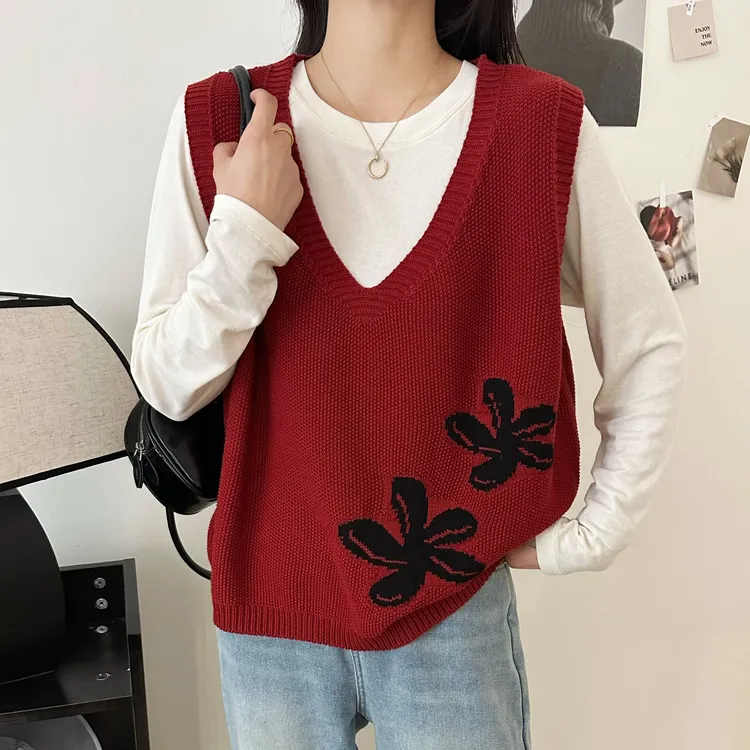 【正品现货】棉线V领针织复古提花马甲无袖女士时尚宽松套头百搭商品图