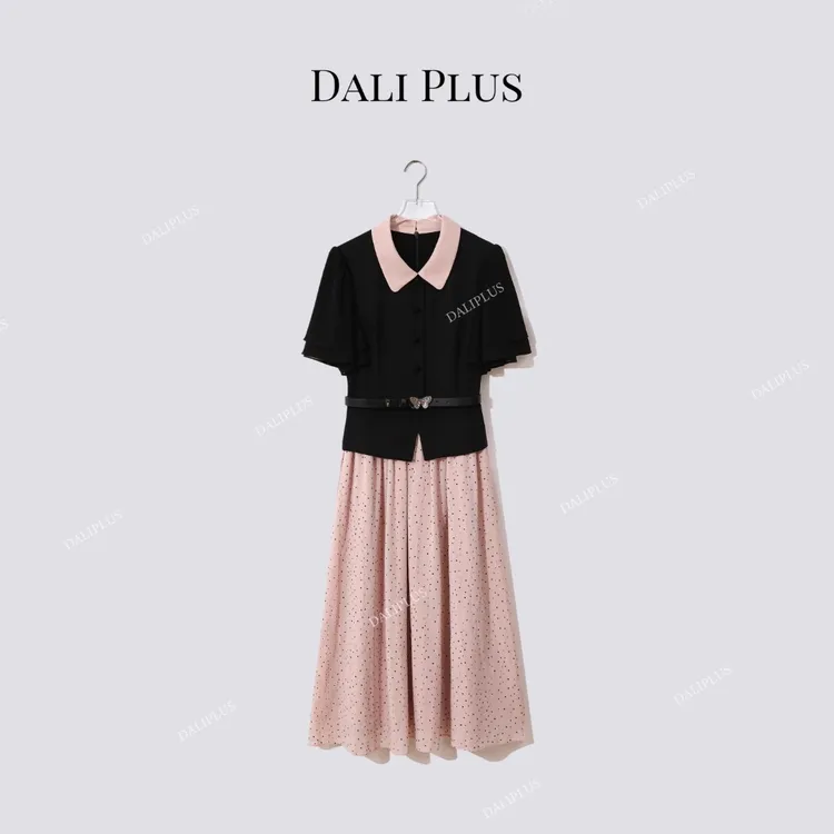 DALI PLUS“假两件粉黑波点连衣裙”腰带法式连衣裙-D5LT2206