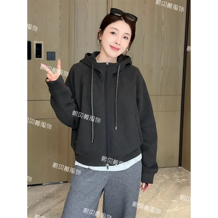 熙贝薇5【叠穿密码】欧货双面绒连帽拉链抽绳长袖卫衣外套 G5505