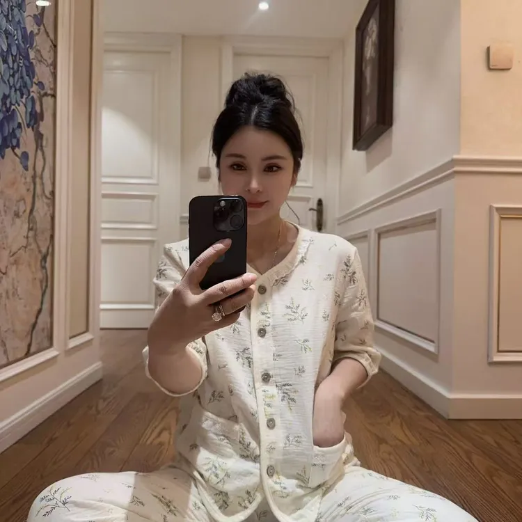 春季新款女睡衣双层纱棉舒适柔软长裤七分袖可外穿家居服套装