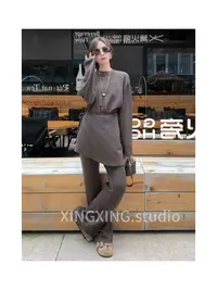 X.x.慵懒风时尚休闲针织套装屁帘可拆卸开叉显瘦长裤三件套6277