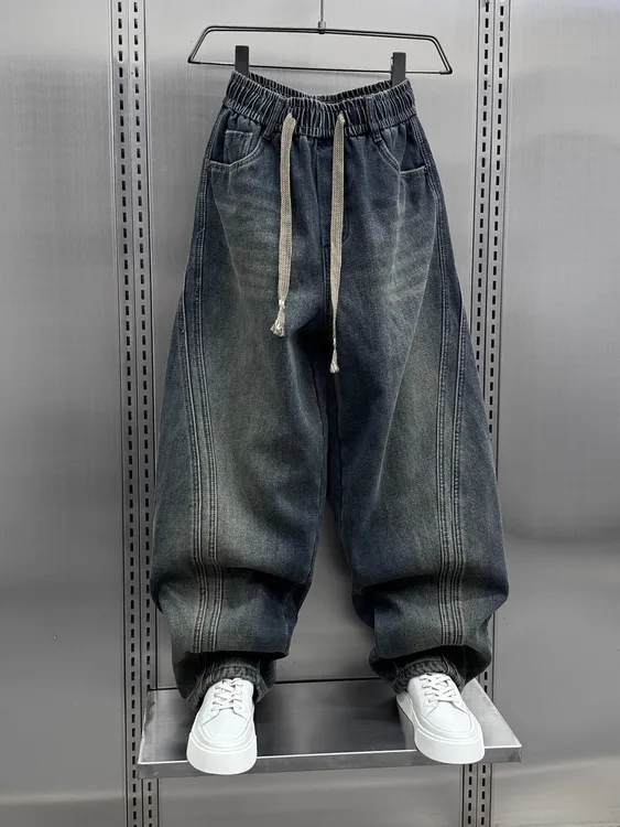 潮牌日系复古做旧弯刀牛仔裤男士秋冬牛仔裤男款男士牛仔裤