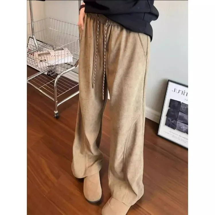 美式斜切棕色vintage裤子男款秋季复古小众暗纹美拉德卫裤直筒运