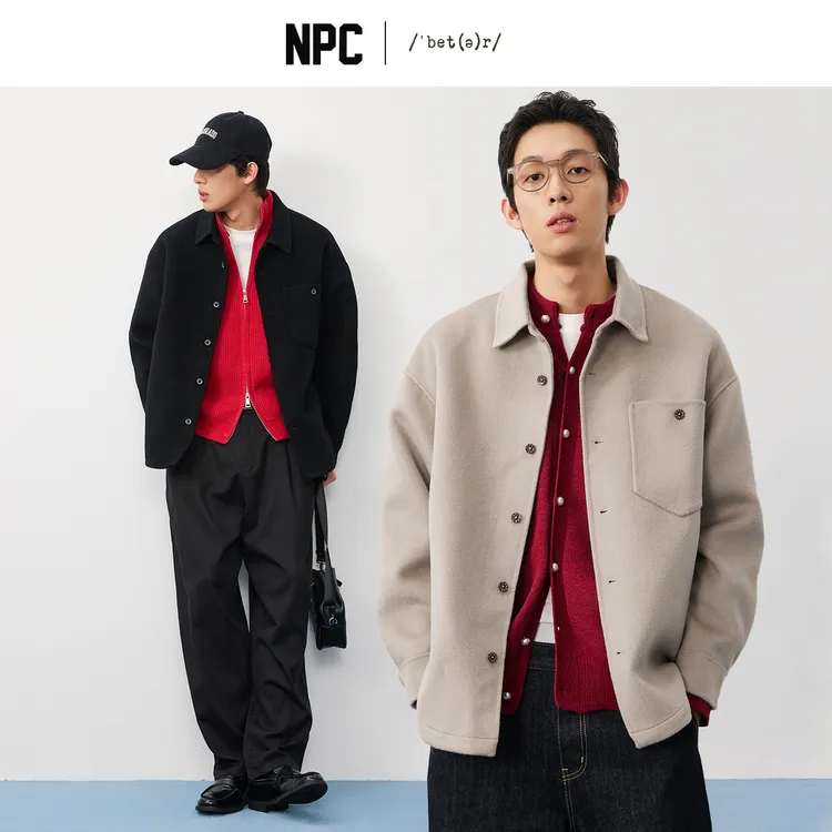 NPC潮牌800克100%绵羊毛口袋衬衫毛呢外套男翻领挺阔秋冬NP57WC42