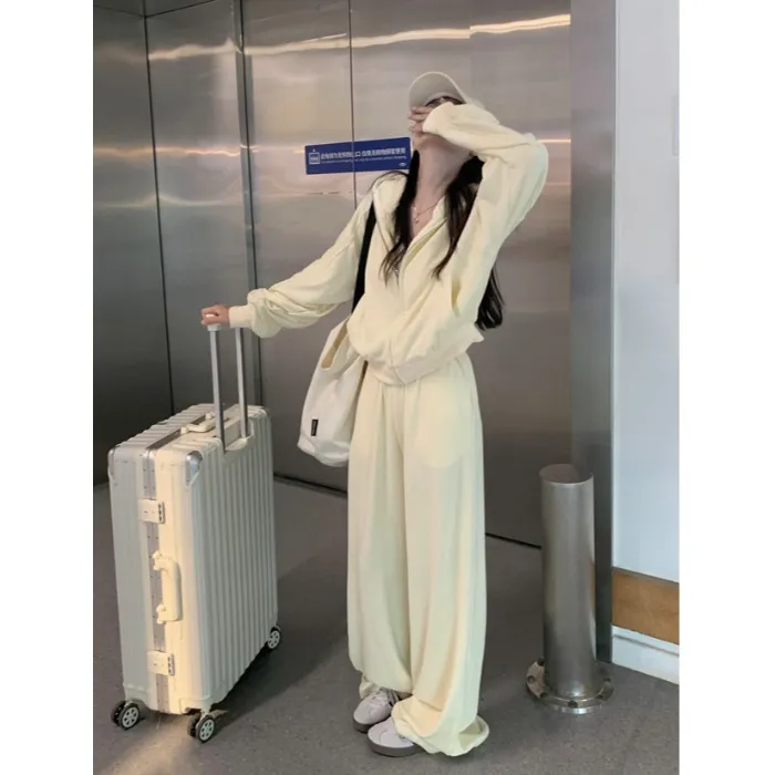 运动风套装纯色气质长袖外套女秋季新款高腰显瘦休闲阔腿裤两件套