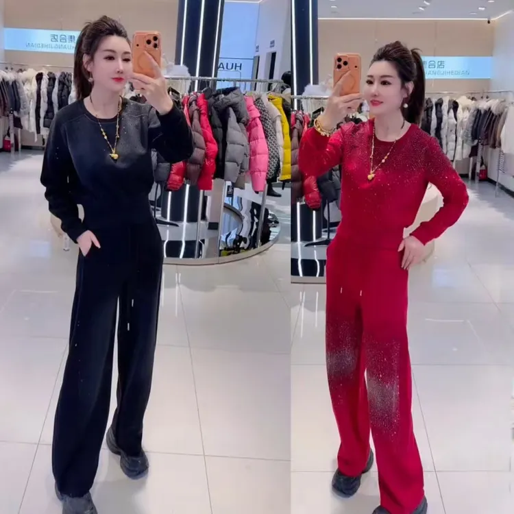 新年红色烫钻运动休闲套装时尚新款显瘦气质长袖圆领卫衣阔腿裤