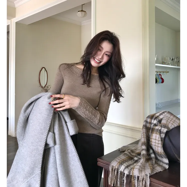 【ALONE SAVOR】龍喜儿 简约秋冬圆领长袖100%羊毛钩花针织衫V706