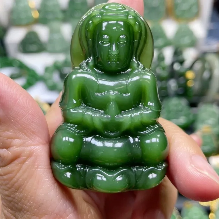 猴教授珠宝碧玉臻品老坑料菠菜绿猫眼观音吊坠60mm