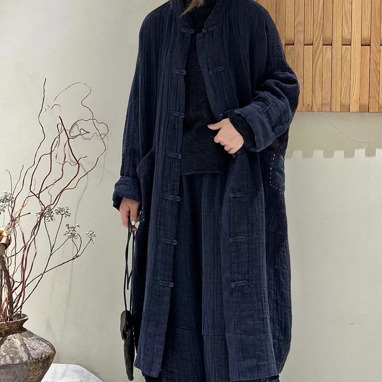 ZM51265秋季加厚亚麻做旧对襟盘扣长款袍子禅服开衫外套