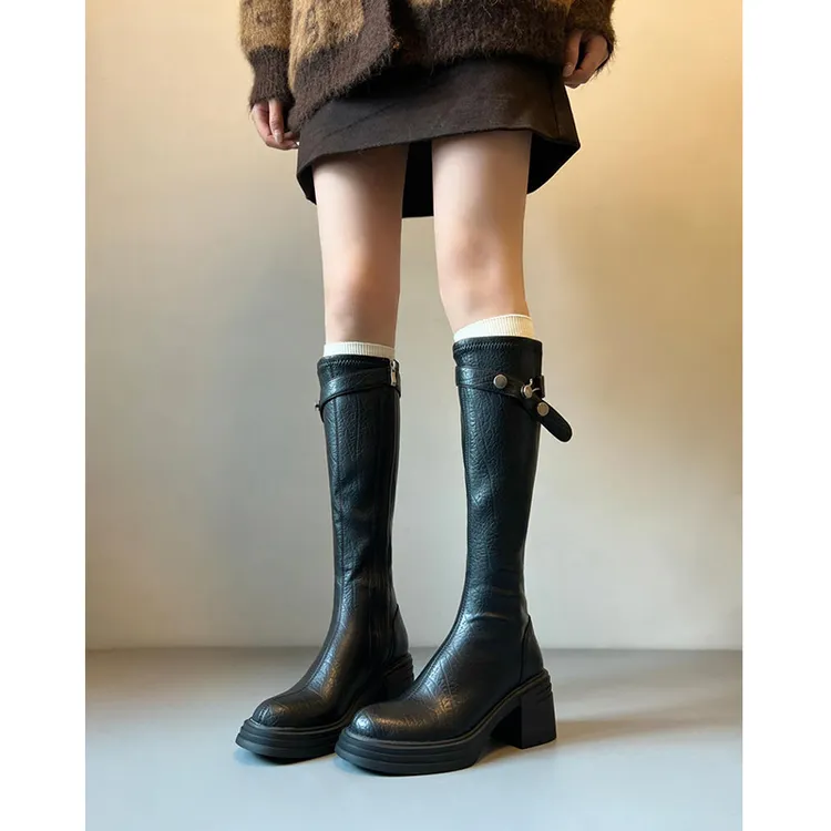 牛皮~金属扣厚底复古小个子不过膝长筒靴女粗跟高筒瘦瘦靴骑士靴