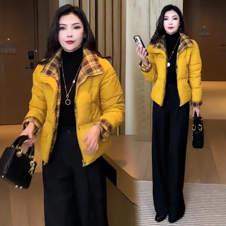 时尚格子拼接立领短款棉服女2025冬季新款洋气质宽松显瘦保暖上衣