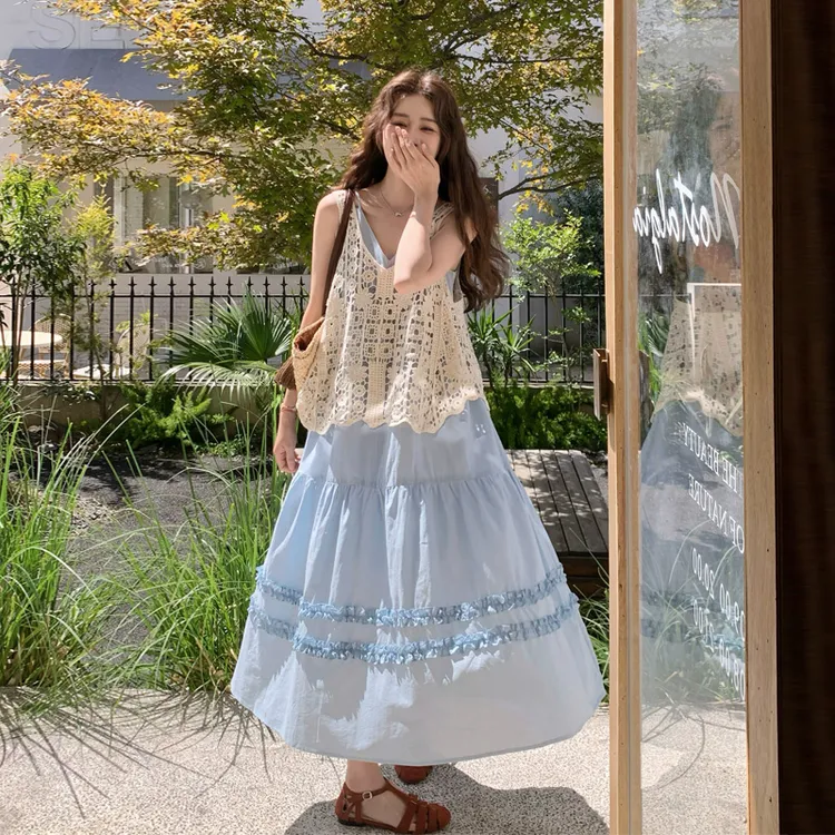 海边度假风套装裙夏季女2025新款纯欲系氛围感气质镂空罩衫吊带裙