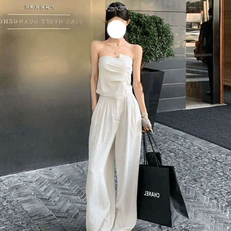 天丝肌理感气质女人味不规则褶皱裹胸短袖修身裤子女夏季薄款