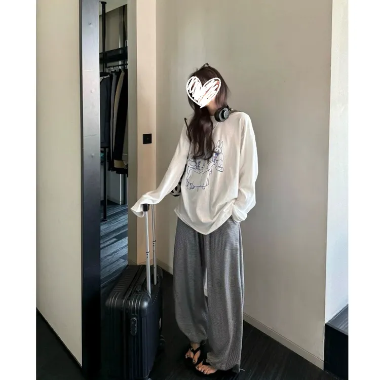 兔子餐厅线条感宽松防晒T恤立体分割抽绳条纹休闲长裤#9231