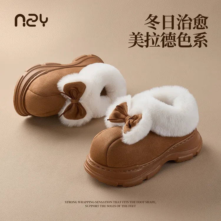 冬季新款可爱秋冬纯色棉鞋女款蝴蝶结休闲加绒加厚保暖厚底雪地靴