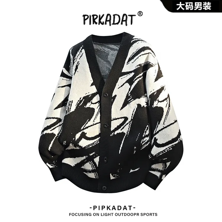  Pirkadat秋季新款扎染撞色V领针织衫男美式慵懒风时尚保暖外套男