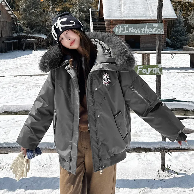 毛领派克棉服女款冬季防寒高级徽章工装棉衣立领连帽美式棒球外