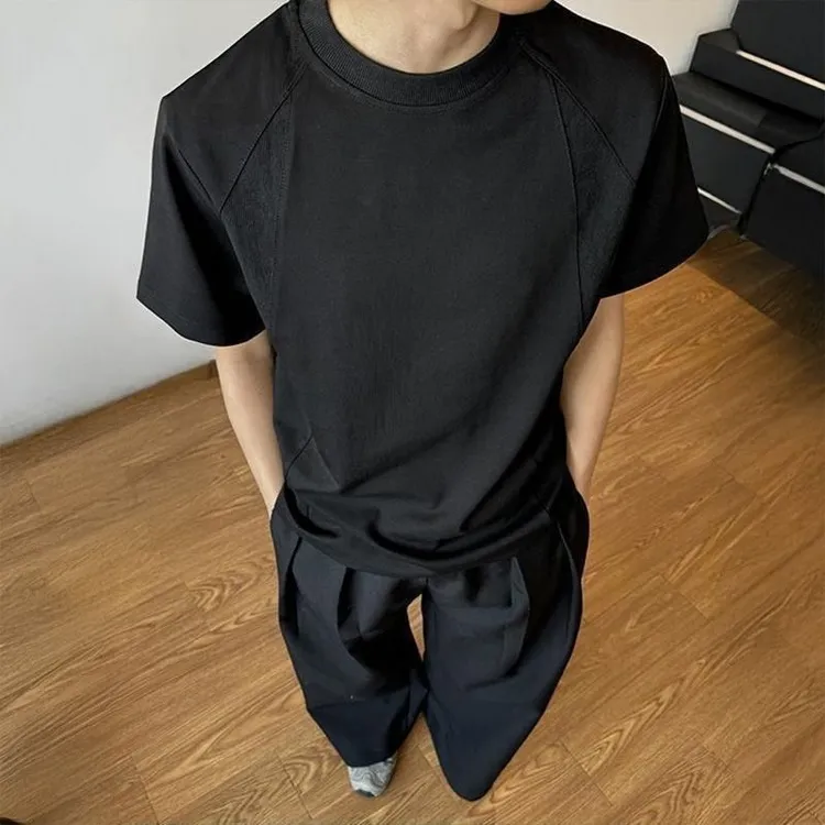 空气层圆领正肩t恤重磅硬挺半袖美式螺纹拼接设计短袖男夏运动