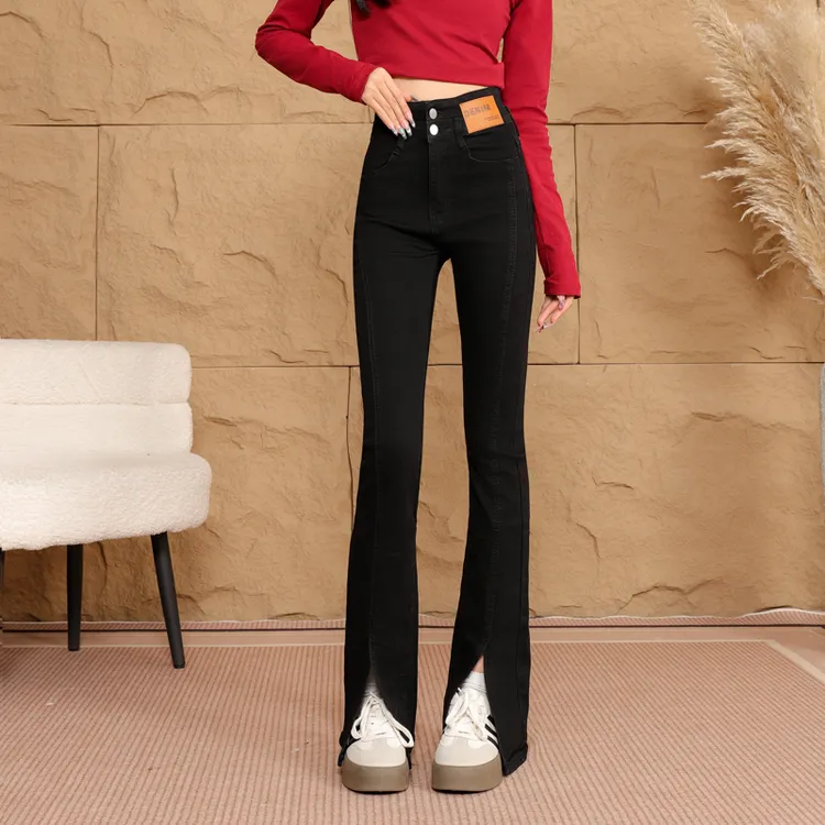 高腰黑色开叉微喇牛仔裤女秋冬2024年加绒设计感小众喇叭马蹄裤子