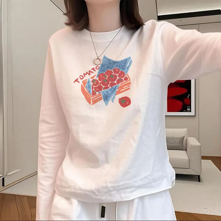 2025新款秋季白色圆领宽松长袖T恤女装别致高级感休闲打底衫上衣